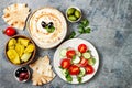 Middle Eastern traditional dinner. Authentic arab cuisine. Meze party food. Top view, flat lay, overhead. Royalty Free Stock Photo