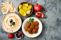 Middle Eastern traditional dinner. Authentic arab cuisine. Meze party food. Top view, flat lay, overhead. Royalty Free Stock Photo