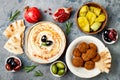 Middle Eastern traditional dinner. Authentic arab cuisine. Meze party food. Top view, flat lay, overhead.