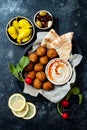 Middle Eastern traditional dinner. Authentic arab cuisine. Meze party food. Top view