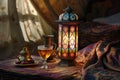 Middle Eastern Traditions: A cultural vignette highlighting a lantern's soft radiance, tea, dates, and ornamental