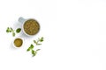 Middle Eastern zaatar spices with fresh zaatar leaves and olive oil. Top view with copy space Royalty Free Stock Photo