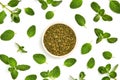 Middle Eastern zaatar spices with fresh zaatar leaves . Top view with copy space Royalty Free Stock Photo