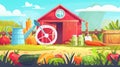 In the middle of a farm barn you can see several elements and tools - a watering can and a grass scythe, ripe vegetables