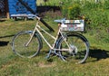 In the middle of the garden, a bicycle painted blue and colorful flowers, with a white box, painted with little flowers and, Royalty Free Stock Photo