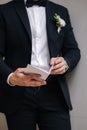 Middle selection of elegant groom in stylish dark blue suit with tie bow and boutonniere. Wedding day
