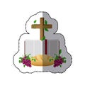 middle shadow sticker colorful with holy bible open with cross and bread and grapes Royalty Free Stock Photo