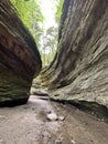 in the middle of two large cliffs