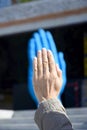 The Middle Way sculpture. Nikolaev, Ukraine, September 2019: Art object in the form of a huge blue hand - symbol meaning