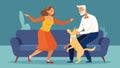 A middleaged couple practicing their steps for a romantic tango with a supportive pet dog looking on from the couch Royalty Free Stock Photo
