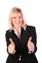 Middleaged woman gives gesture 3 Royalty Free Stock Photo