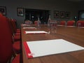 Strategy meeting at Middlesbrough Football club in UK - tables, chairs, pencils and water