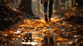 Midfoot lower section of woman walking through autumn leaves in forest. Concept of active lifestyle Royalty Free Stock Photo