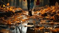 Midfoot lower section of woman walking through autumn leaves in forest. Concept of active lifestyle Royalty Free Stock Photo