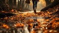 Midfoot lower section of woman walking through autumn leaves in forest. Concept of active lifestyle Royalty Free Stock Photo