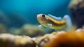 Midget dwarfgoby hiding behind the rocks in the blue sea