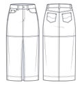 Midi Denim Skirt technical fashion illustration.