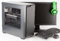 Midi tower computer case with led monitor on white background. Royalty Free Stock Photo