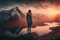 Unrecognizable woman on a high mountain overlooking a calm lake, ai generative illustration Royalty Free Stock Photo