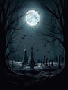 A midnight aveyard illuminated by a single full moon with twisted tombstones and whispering wind. Gothic art. AI