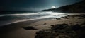 Midnight Beach Rendezvous secluded moonlit beach with waves gently lapping the shore, perfect for a romantic rendezvous under