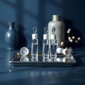 Midnight Blue Spa Scene: Tranquil Ampoules in Minimalist Flat Lay Royalty Free Stock Photo