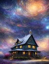 Midnight, cinematic, luminism, mysterious vivid farm house, sky with clouds, story book illustration