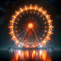 Ferris Wheel reflects light in water at midnight, creating a circle of fun Royalty Free Stock Photo