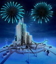 Midnight firework celebration above modern cityscape