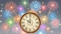 Midnight fireworks with clock Royalty Free Stock Photo