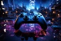 Midnight gaming blue themed video game, close up of joystick, immersing in virtual world