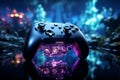 Midnight gaming blue themed video game, close up of joystick, immersing in virtual world