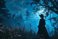 Midnight Magic: A Cloaked Man in a Moonlit Field of Wildflowers Royalty Free Stock Photo