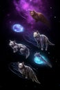 Midnight magic, enchanting vertical art of cats falling in a colorful fantasy from the night sky