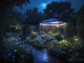 Midnight Magic A Rainy Night\'s Garden Aglow in Blue Splendor