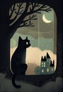 Midnight Musings: A Black Kitten\'s Dreamy Night on the Window Sill