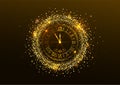 Midnight New Year. Clock with Roman numerals and gold confetti on dark background