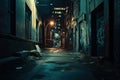 Midnight Passage Secrets. Darkened urban decay with expressive graffiti storytelling. Atmospheric allure. Generative AI