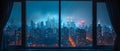 Midnight Serenity: Urban Dreamscape Through Window. Concept City lights, Urban reflections, Night Royalty Free Stock Photo