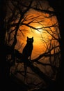 Midnight in the Sinister Forest: A Glowing-Eyed Kitten Perched o Royalty Free Stock Photo