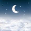 Midnight sky background with crescent moon, stars, comets, realistic dense clouds. Starry night sky above clouds. Royalty Free Stock Photo