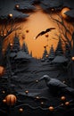 Midnight Symphony: A Marvelous Papercut of a Raven Guiding Pumpkins Across a Moonlit Night