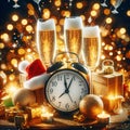 Cheers to 2024 with Champagne, Clock, and Abstract Defocused Background in Celebration Harmony. Generative ai for illustrations