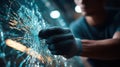 Midrange view of a specialist treating long cracks on a glass surface focusing on sealing techniques that reinforce Royalty Free Stock Photo