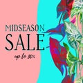 Midseason sale banner in trendy pastel blue and pink color with tropical leaves Royalty Free Stock Photo