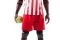 Midsection of african american handball player wearing protective guards holding ball Royalty Free Stock Photo