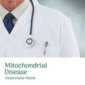 Midsection of caucasian male doctor with stethoscope, pen and mitochondrial disease awareness week