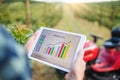 A midsection of farmer with tablet standing by mini tractor outdoors in orchard. Royalty Free Stock Photo