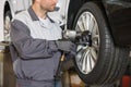 Midsection of male mechanic repairing car's wheel in workshop