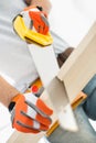 Midsection of man sawing plank Royalty Free Stock Photo